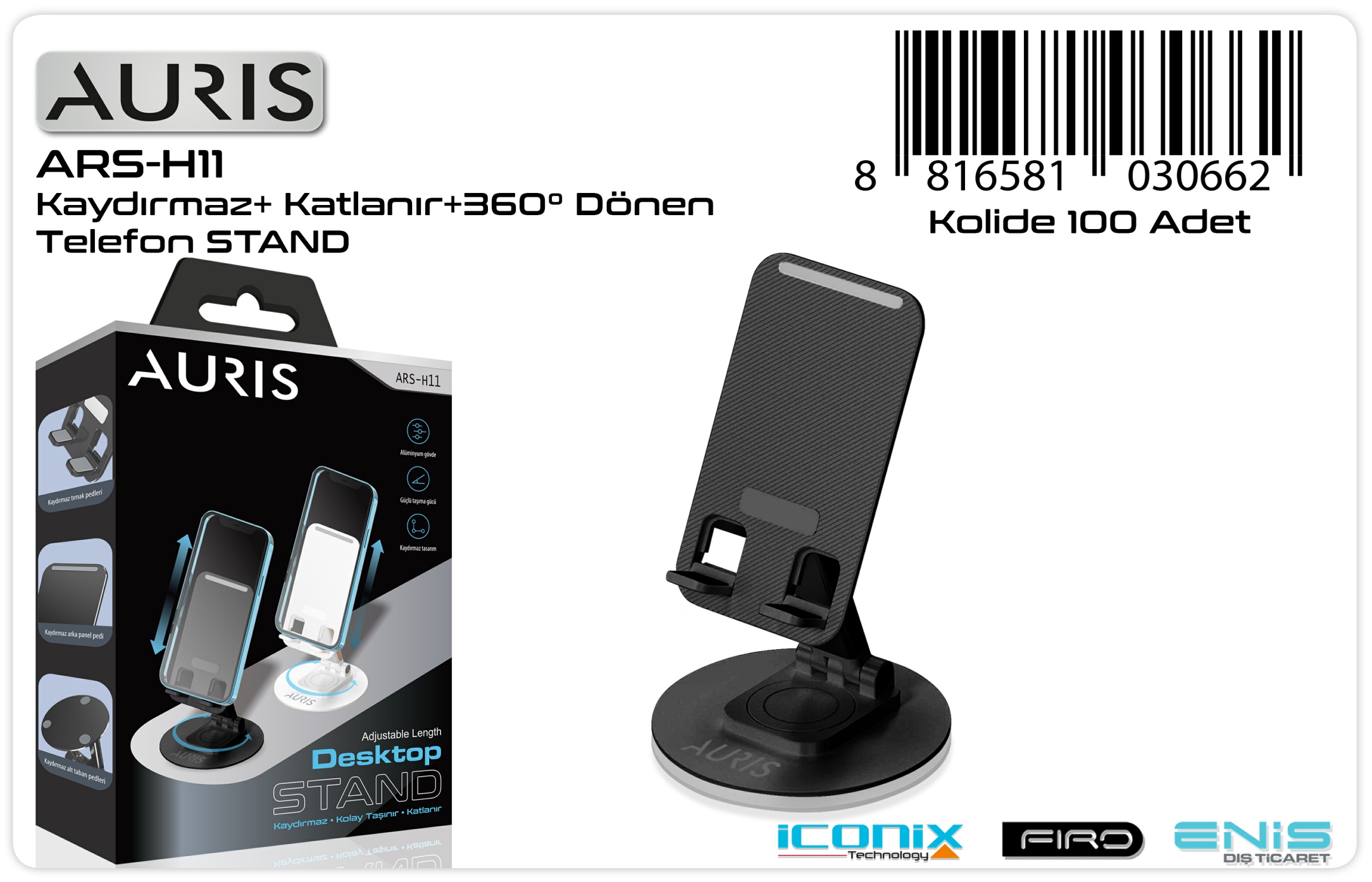Auris H11 Masaüstü Telefon Tutucu – 360° Döner, Kaymaz ve Katlanabilir Tasarım